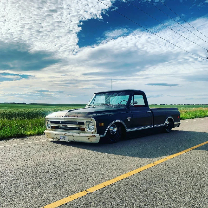 Sixty8 Industries — bagged 1968 Chevrolet C10 laid out on a prairie road